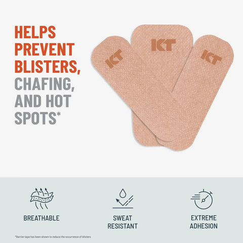 Blister Prevention Tape For Active Lifestyles With 30 Precut Strips, Strong Adhesive, Beige strips with KT logo against text background.
