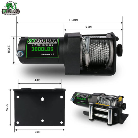Beefed Up 3000 Lb 12V Electric Winch With Steel Cable, Wireless Remote, Wired Handle, IP67 Waterproof, 4 Way Roller Fairlead, Matte Black