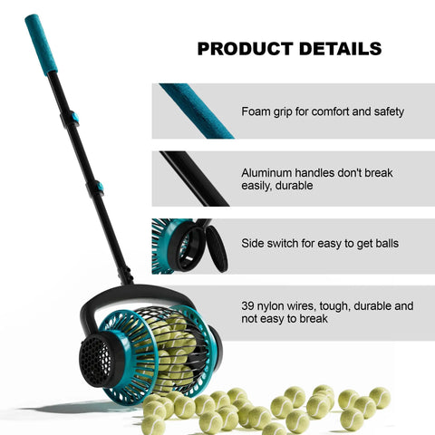 No Bending Tennis Ball Picker Roller With Telescopic Handle Quick Rolling Ball Collector With foam grip, aluminum handle, nylon wires