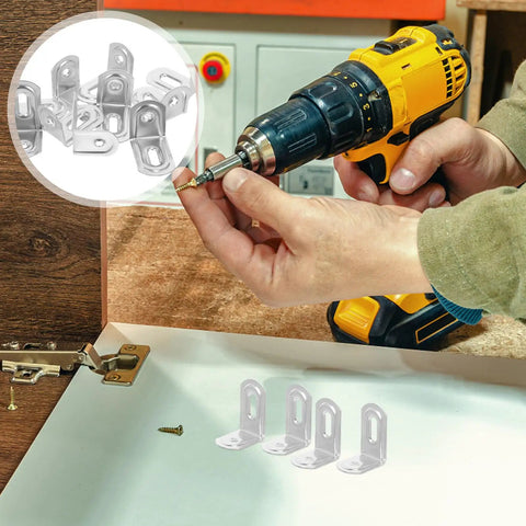 10 Pack Iron L Brackets With 90 Degree Rounded Corners For Shelves, Cabinets, And Bookcases shown with drill installation