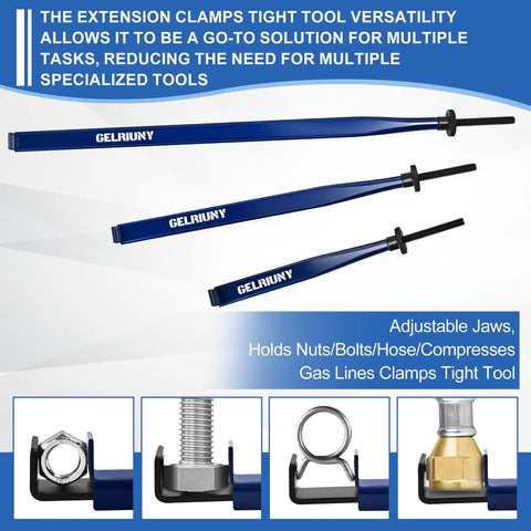 Compact Extension Clamp Tool With Versatile Vise Grip 3 Lengths Of Extension Adjustable Jaws Easily Grips Nuts Bolts Hoses And Gas Lines Tightens In Narrow Spaces Durable No Fuss Clamp For Tight Spots shown in different lengths with adjustable jaws.