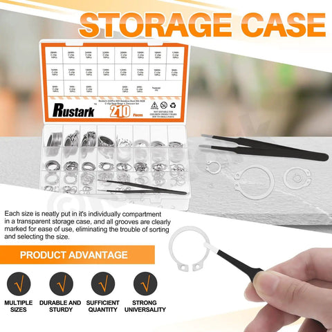 211 Piece External Snap Ring Kit in 304 Stainless Steel with tweezers, showcasing storage case and arrangement in compartments