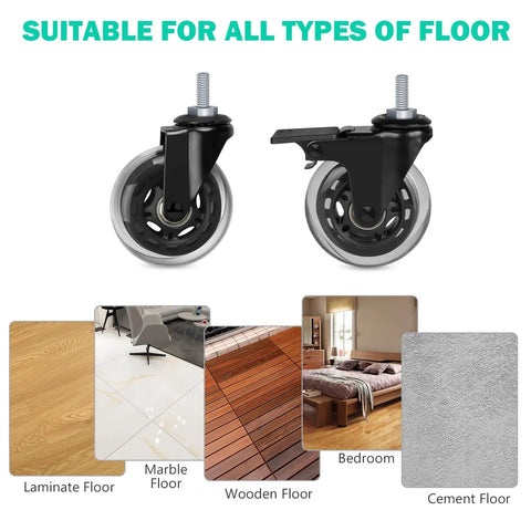 Three Inch Casters With 5/16-18 UNC Threaded Stem Two Casters With Brake Lock shown with floor types illustration