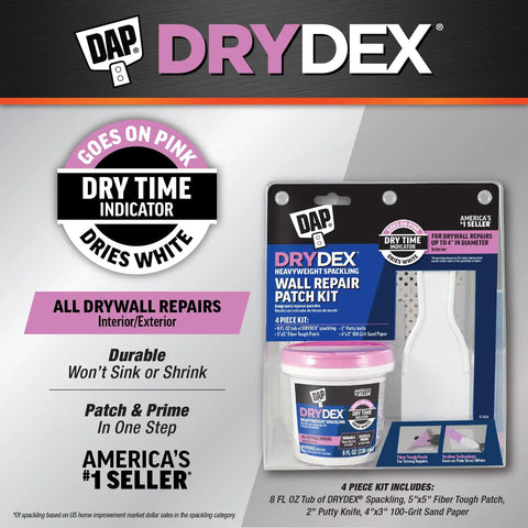 Image of DryDex Spackling Wall Repair Patch Kit with Pink To White Dry Time Indicator 8 oz package and tools for interior and exterior use.