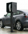 All Weather EV Charger Pedestal With Roof And Side Protection Built To Last Indoor Outdoor Charging Stand, black, with car