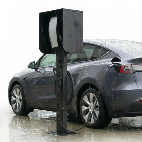 All Weather EV Charger Pedestal With Roof And Side Protection Built To Last Indoor Outdoor Charging Stand, black, with car