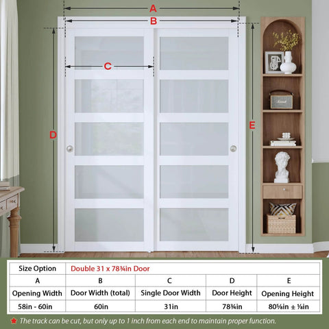 White Frosted Glass Sliding Barn Door Kit For 60 By 80 Inch Openings Dual 31 Inch Panels Installed With Shelving