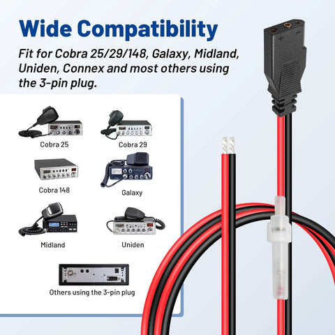 Heavy Duty 3 Pin CB Radio Power Cable with 16 AWG wire and 15 amp fuse compatibility chart with Cobra, Galaxy, Midland radios.