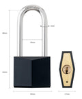 Outdoor Rustproof Covered Brass Padlock With Stainless Steel Long Shackle Keyed Lock dimensions shown