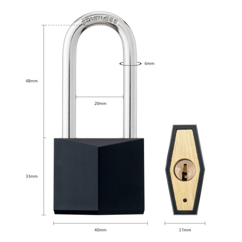 Outdoor Rustproof Covered Brass Padlock With Stainless Steel Long Shackle Keyed Lock dimensions shown