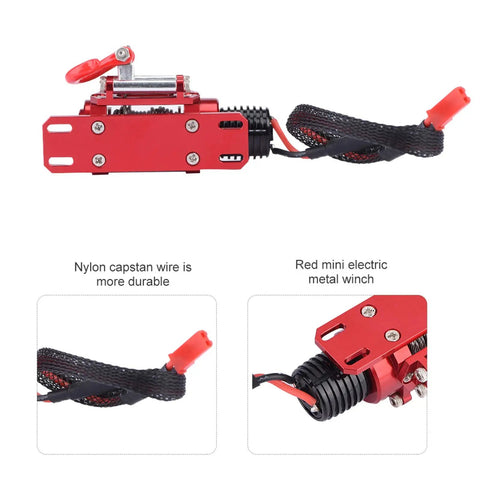 Awesome Electric Red 1:10 RC Crawler Metal Winch That Totally Kicks Butt For SCX10 D90 D110 TF2 And KM2 Models To Crush Any Rough Terrain With Serious Grappling Power, showing durable red metal winch with nylon capstan wire.