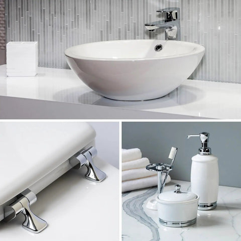 Elongated White Toilet Seat With Built Tough Enamel Construction And Snap Tight Chrome Hinges That Lock Securely for stylish bathroom decor.