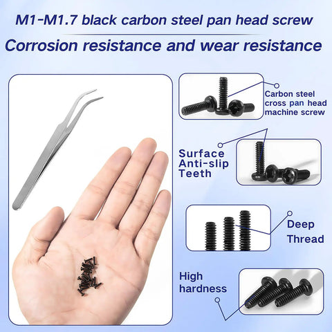 Hand holding tiny micro repair screws set in black carbon steel Phillips pan head M1 to M1.7 for eyeglasses watches clocks and mobile phones