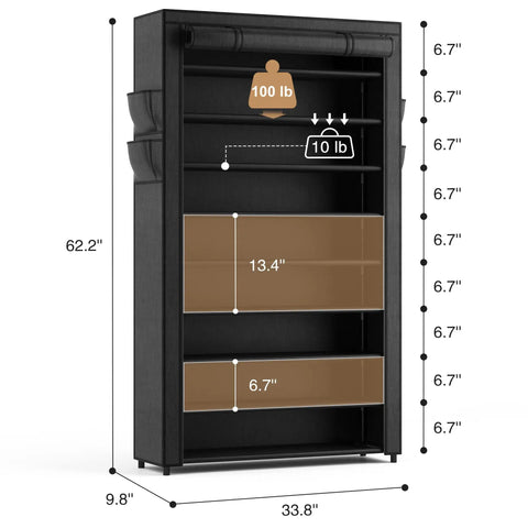 Knock Out Closet Chaos With This 10 Tier Tall Shoe Rack Featuring Dustproof Covers, dimensions 33.8W x 9.8D x 62.2H for organizing shoes.