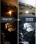 Comparison of dim halogen bulb and bright XdoarAuto LED bulb in dark car interior showcasing Dope 42 Piece LED Interior Car Lights Kit.