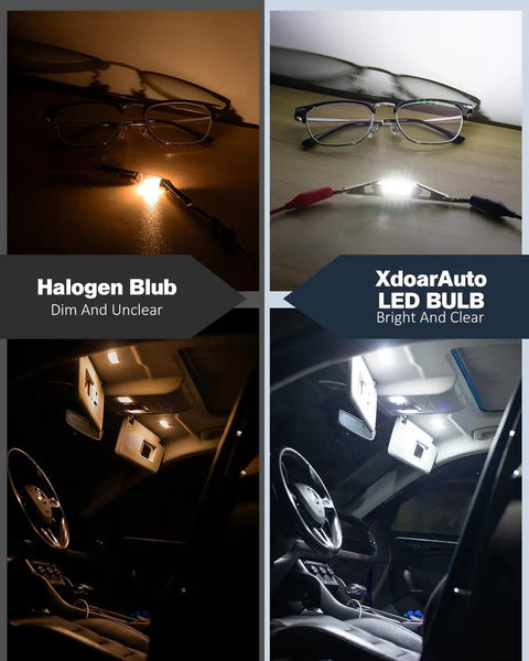Comparison of dim halogen bulb and bright XdoarAuto LED bulb in dark car interior showcasing Dope 42 Piece LED Interior Car Lights Kit.