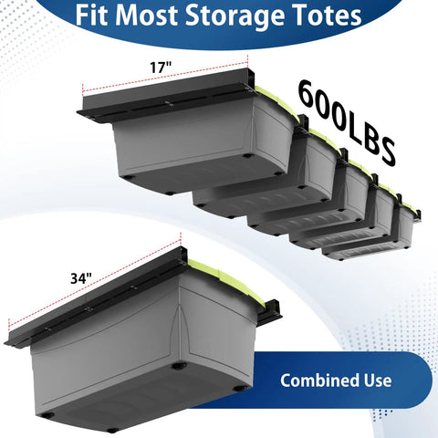 Heavy Duty Ceiling Garage Storage Rack With 17 Inch Adjustable Overhead Tote Rail System Modular 6 Bracket Sets For 5 Storage Bins