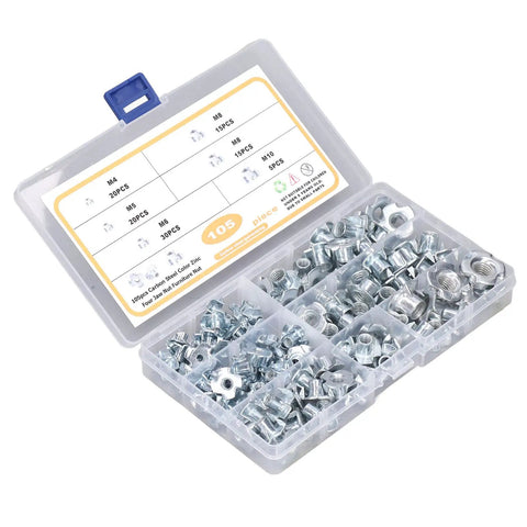 105 Piece T Nut Assortment Kit Galvanized Carbon Steel 4 Prong Tee Nut Fasteners For Heavy Duty Woodworking Construction