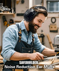 Man using Heavy Duty Noise Reduction Ear Muffs With 33dB SNR For Reading And Sleeping, Multi Purpose Work And Shooting, Soundproof Ear Protection, 2 Pack Black Comfort Fit Headband in workshop