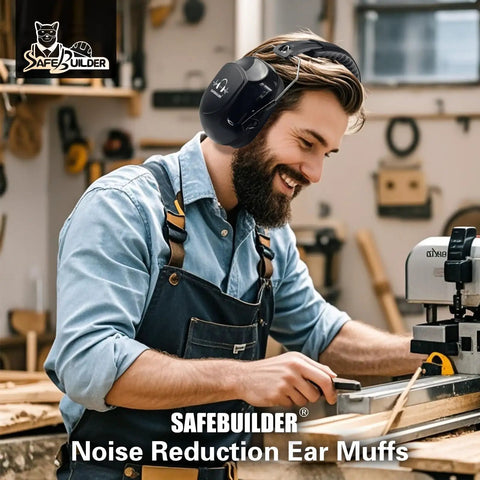 Man using Heavy Duty Noise Reduction Ear Muffs With 33dB SNR For Reading And Sleeping, Multi Purpose Work And Shooting, Soundproof Ear Protection, 2 Pack Black Comfort Fit Headband in workshop