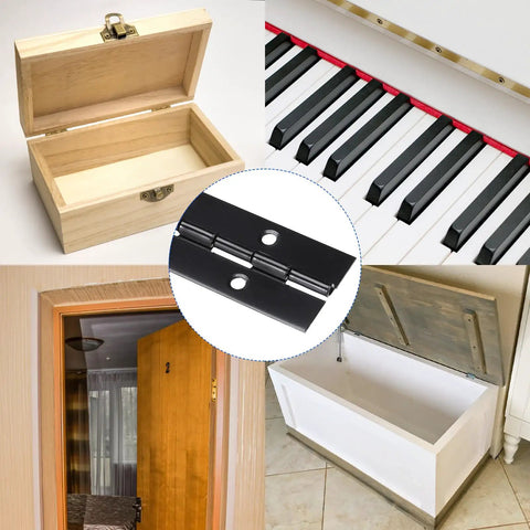 Premium Black Coated Piano Hinge 30 Inch Continuous Stainless Steel Door Hardware mounted on various furniture and door types.