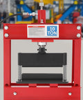 Front view of Beefed-Up Heavy Duty 12 Inch Press Brake Attachment For Hydraulic Shop Presses in red frame with dual spring design.