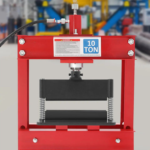 Front view of Beefed-Up Heavy Duty 12 Inch Press Brake Attachment For Hydraulic Shop Presses in red frame with dual spring design.