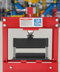 Front view of a 12-Inch Press Brake Attachment for Hydraulic Shop Presses installed on a 10-ton press in an industrial setting.