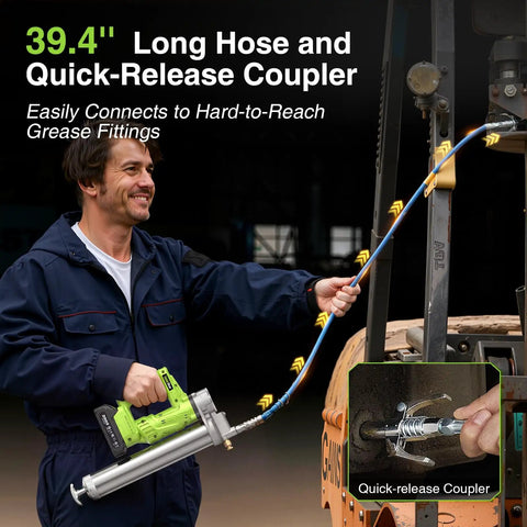 Person using Electric Grease Gun Kit With Quick Release Coupler Battery Powered Two Batteries And Charger Heavy Duty.