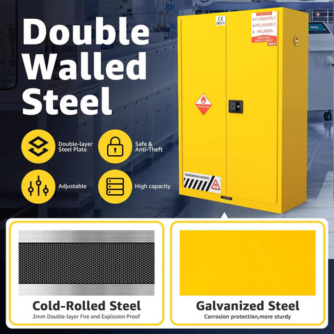 60 Gallon Safety Storage Cabinet With Spill Sump And Vent Ports For Flammable Chemicals Double Door Locking Cabinet Leak Collection Base Heavy Duty Chemical Storage For Lab Or Shop Built Tough For Pros, yellow steel
