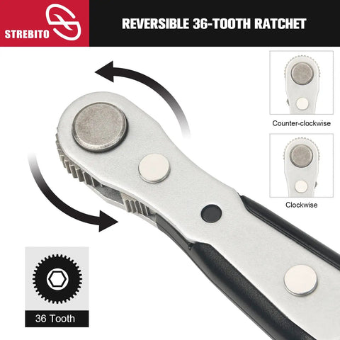Compact 22 Piece Mini Ratchet Set With 1/4 Inch Drive Right Angle Screwdriver And 36 Tooth Ratcheting Wrench Bits functionality chart