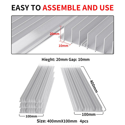 Close-up of modular honeycomb laser bed 400x400 mm aluminum panels showing dimensions and assembly instructions.