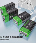 4 Pack Rechargeable 9V Batteries Featuring 1300mAh Lithium Ion Juice And Usb C Built In Port With Led Charging Lights for easy charging.