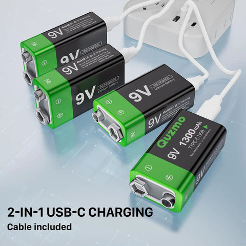 4 Pack Rechargeable 9V Batteries Featuring 1300mAh Lithium Ion Juice And Usb C Built In Port With Led Charging Lights for easy charging.
