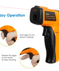 Non Contact Infrared Thermometer For Home Cooks And Shop Floor Pros With LCD Display Switchable Celsius Fahrenheit Temperature Range From Minus 58 Fahrenheit To 1022 Fahrenheit Backlit Screen Data Hold Low Battery Indicator Auto Off, orange and black handheld