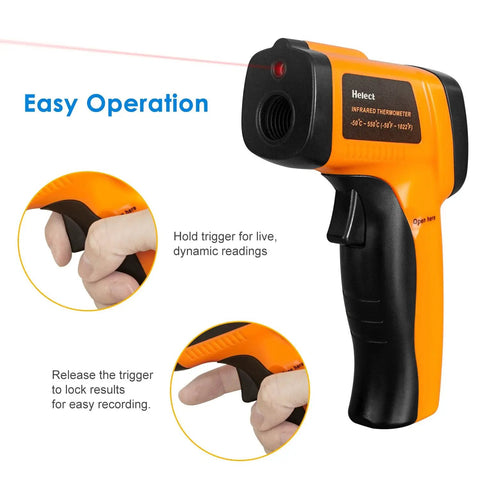Non Contact Infrared Thermometer For Home Cooks And Shop Floor Pros With LCD Display Switchable Celsius Fahrenheit Temperature Range From Minus 58 Fahrenheit To 1022 Fahrenheit Backlit Screen Data Hold Low Battery Indicator Auto Off, orange and black handheld