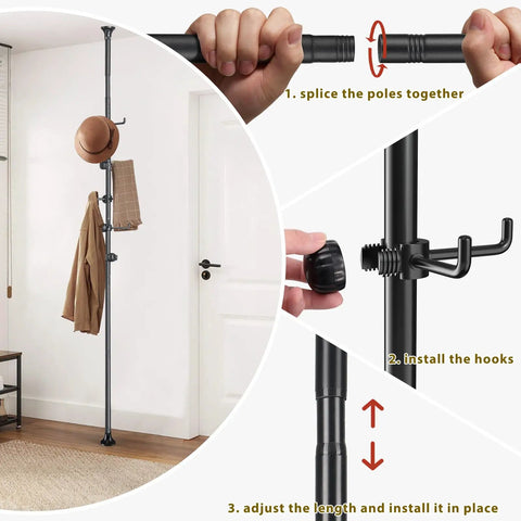 Freestanding Coat Rack With 56-125 Inch Adjustable Tension Rod 12 Hook Coat Tree Stand For Hallway Entryway Living Room Bedroom Kitchen Office No Drill Setup Black, installation steps shown.