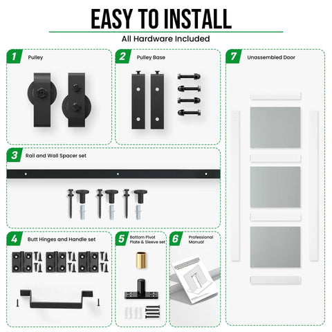 Easy install hardware kit for Slick Glide Double Bifold Barn Door With Complete Hardware Kit Eases Through Tight Squeezes.