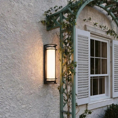 ROPCVAX Led Wall Sconce Lighting Fixture Lamp Modern Minimalist Aluminum Black mounted on exterior wall with soft illumination.