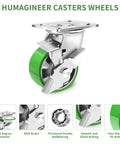 4 Inch Heavy Duty Industrial Grade Caster Set Of 4 With Swivel Casters And Brake, Maintenance Free Aluminum Core PU Wheels