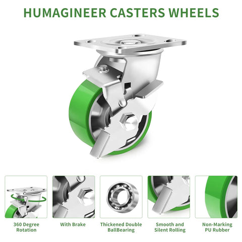 4 Inch Heavy Duty Industrial Grade Caster Set Of 4 With Swivel Casters And Brake, Maintenance Free Aluminum Core PU Wheels