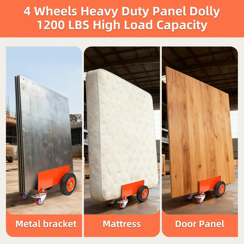 Heavy Duty Panel Dolly With Brake, 1200 Lbs Capacity, Four Wheel Slab Cart with metal, mattress, and door panel load