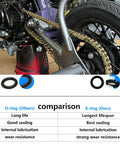 428 X Ring Drive Chain with 118 Links on motorcycle showing gold finish and comparison with O-ring illustration