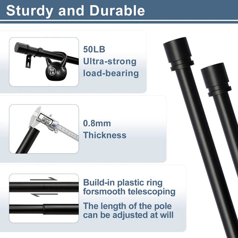 Adjustable 28 To 144 Inch Curtain Rod Set With 1 Inch Heavy Duty Aluminum Rails Nine Piece Sectional Rods And Finials Black Finish Outdoor Ready Farmhouse Style For Living Room Bedroom And Windows showing durable rod details and features