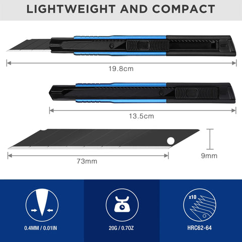 Side view: WorkPRO retractable utility knife set (5 pcs) with blue/black aluminum handles and 10 extra 9mm blades.