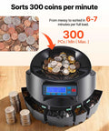 Coin Counter And Sorter Machine For US Coins With LCD Display Sorts Pennies Through Dollars At Up To 300 Coins Per Minute