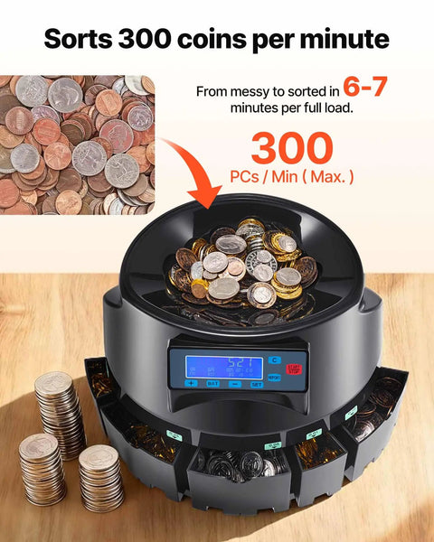 Coin Counter And Sorter Machine For US Coins With LCD Display Sorts Pennies Through Dollars At Up To 300 Coins Per Minute