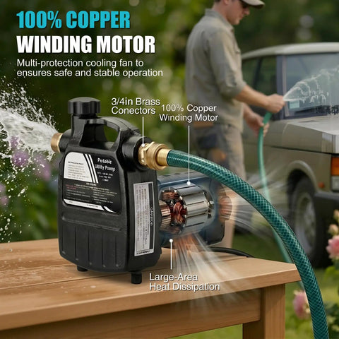 Heavy Duty Cast Iron Water Transfer Pump 115V 1/2HP 1500 GPH Portable Electric Utility Pump with copper winding motor and hose.