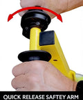 Close-up of a hands adjusting the twist-arm lock on a Heavy Duty Mower Jack Lift For Commercial And Residential Mowers Up To 800 Pounds, Easy Service.