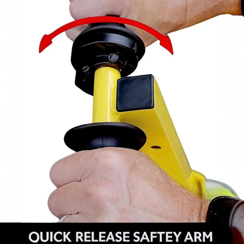 Close-up of a hands adjusting the twist-arm lock on a Heavy Duty Mower Jack Lift For Commercial And Residential Mowers Up To 800 Pounds, Easy Service.